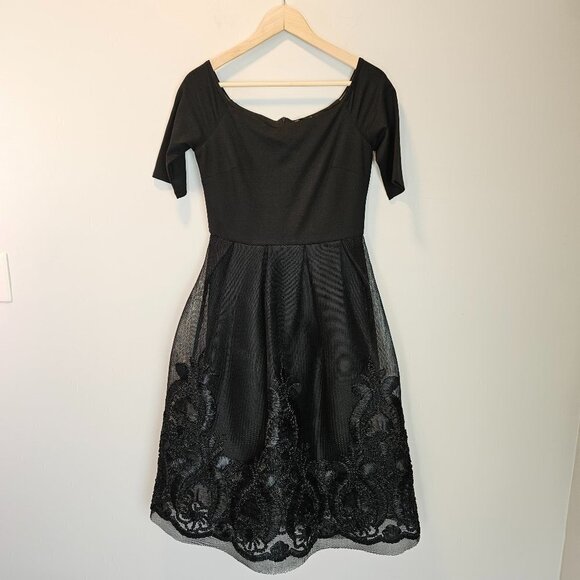 Gianni Bini Black Off Shoulder Mesh Embroidered Detail A-line Skirt Dress Medium - Picture 2 of 9